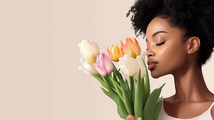 Fototapeta premium African American woman with a large bouquet of tulips, light background. 