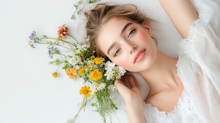 European woman with an armful of wildflowers on a white background. 