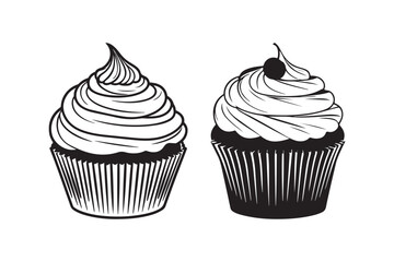 Cupcake Silhouette and Outline Clipart Set