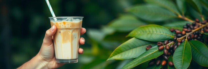Man holding plastic glass of iced coffee with milk on blurred background with cream poured over and coffee beans on nature green leave Cold summer drink background,  cream,  coffee beans,  leaves