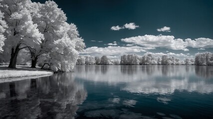 lake surrounded by trees in summer, photographed with infrared lenses