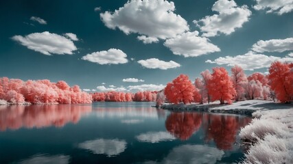 lake surrounded by trees in summer, photographed with infrared lenses