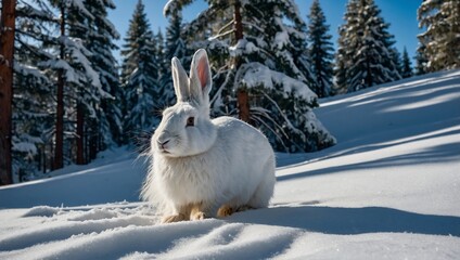 variable hare in the mountains in winter among the snow