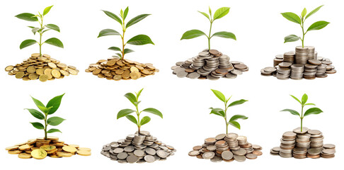 Set of coins with a growing plant. Visualizing Financial Growth with Coins and Plants 
Investment Growth, Financial Prosperity, and Wealth Cultivation are isolated on a transparent background. PNG