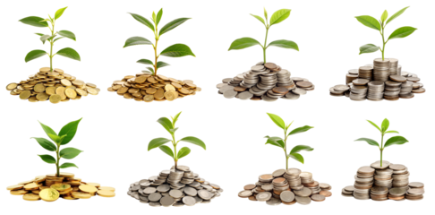 Set of coins with a growing plant. Visualizing Financial Growth with Coins and Plants 
Investment Growth, Financial Prosperity, and Wealth Cultivation are isolated on a transparent background. PNG