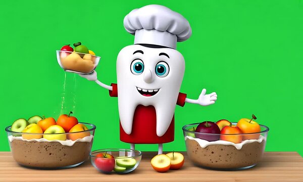 Cartoon tooth chef serving fruit salad on green screen
