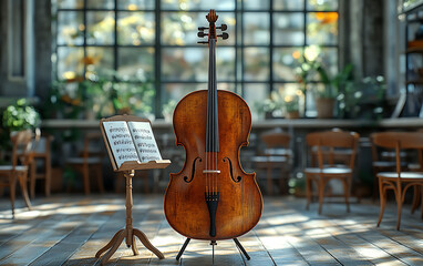 Elegant Cello in Sunlit Music Classroom Setting