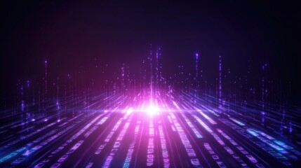 Obraz premium A vibrant digital landscape featuring pulsating light beams in shades of purple and blue. Ideal for illustrating concepts of technology, innovation, and digital transformation.