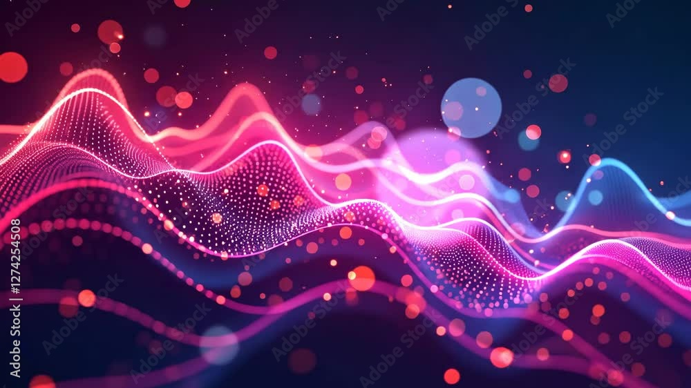 Poster a purple and blue wave with red dots. the wave is very long. the dots are scattered all over the wav