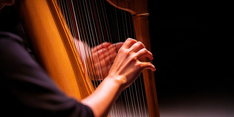Close-up of Hands Playing a Pedal Harp