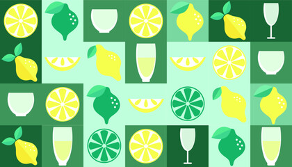 Lemon geometric background. Vector minimalist style pattern. Bauhaus trend. Abstract illustration of lemon, leaves, symbols. Simple icon.	
