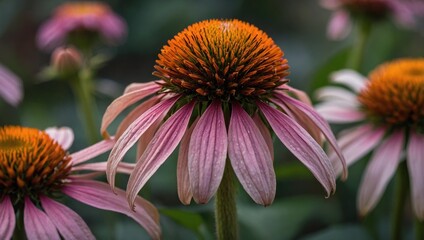 Close up of purple echinacea flowers blooming in a garden.
