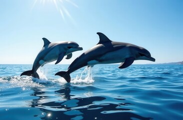 Fototapeta premium Two dolphins leaping in sunlit ocean with clear blue skies