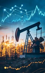 A modern oil pump jack with a vibrant city skyline and digital data overlay, symbolizing energy production and market trends.