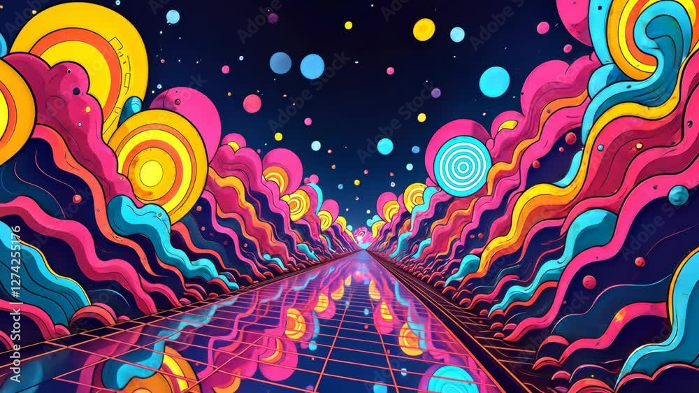 Poster a colorful, psychedelic, and abstract painting of a road with many colorful circles. the circles are