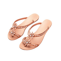 Obraz premium Stylish pink sandals with decorative flowers and rhinestones, perfect for summer outings and beachwear. These fashionable flip flops combine comfort and elegance for any casual occasion