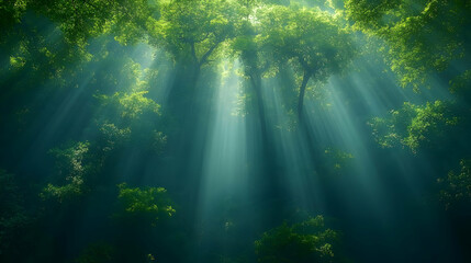 Fototapeta premium Sunbeams Illuminating Lush Green Forest
