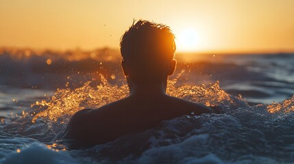 A person enjoying a serene sunset while wading through ocean waves, capturing the essence of peace and tranquility in nature.