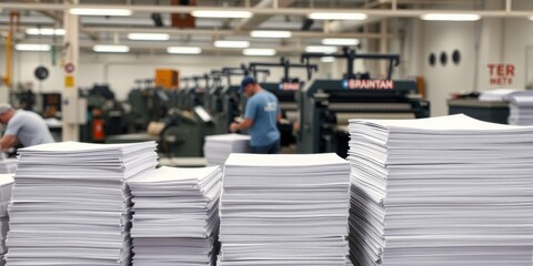 Piles of stacked paper sheets in printing shop with worker and machines in background, isolated on white background, copy space for text,  stock photo,  copy space