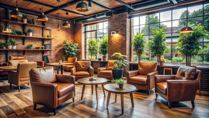 Fototapeta premium Cozy coffee shop with comfortable armchairs and wooden tables, cozy, coffee, minimalist, earthy