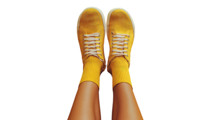 Yellow socks put on foot isolated on transparent background. 
