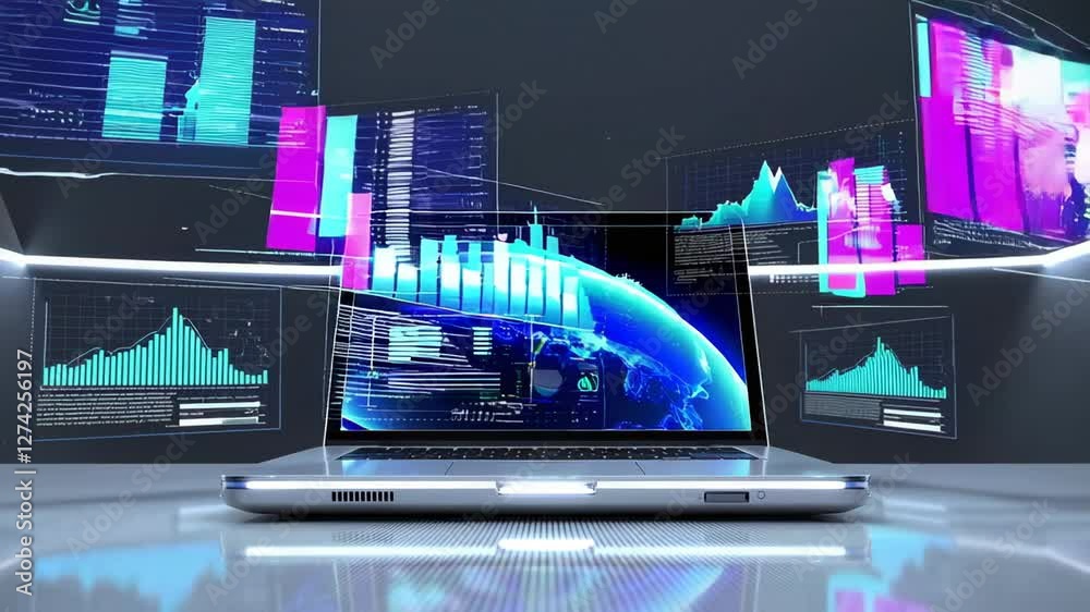 Poster Futuristic laptop displaying holographic global business and marketing data analysis with charts and graphs, evolving slowly on a reflective surface