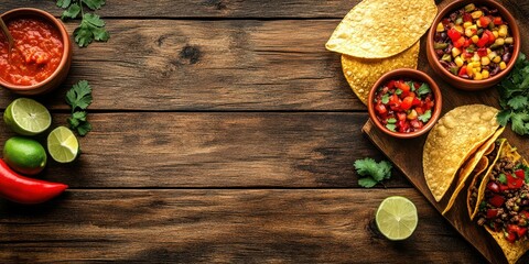 Colorful taco spread on wooden table with fresh ingredients and salsa in bowls