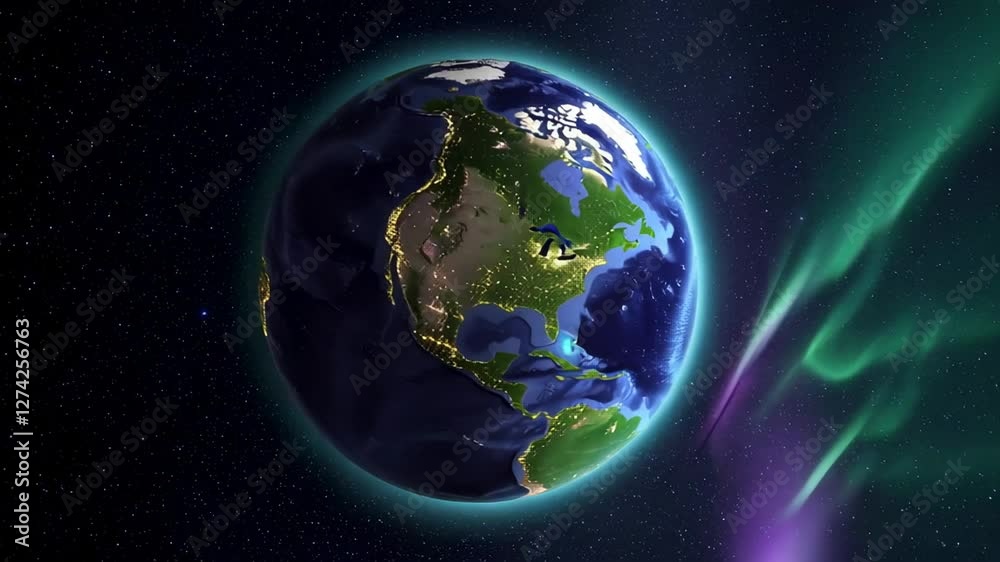 Poster planetary view revealing illuminated northern and southern american continents, gently rotating with