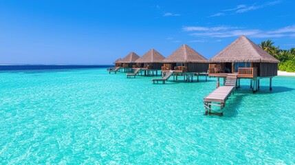 A serene tropical scene featuring overwater bungalows surrounded by crystal-clear turquoise waters under a bright blue sky.