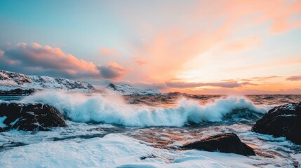 Fototapeta premium A stunning seascape at sunset, featuring crashing waves against rocky shores under a colorful sky filled with clouds.