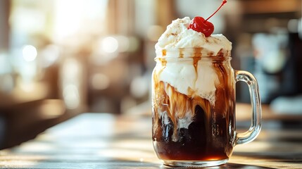 A trendy cold brew float with scoops of vanilla ice cream melting into dark