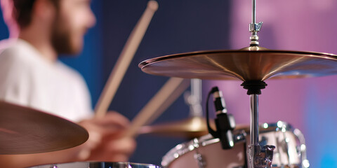 Naklejka premium Close-up of Hi-Hat Cymbals and Drum Kit