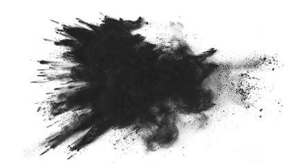 Dark gray black dust powder explosion transparent PNG, isolated background. Dynamic blast eruption, monochrome color effect