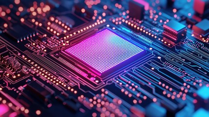 Obraz premium A close-up of a vibrant microchip on a circuit board with glowing connections, showcasing advanced technology and intricate design.