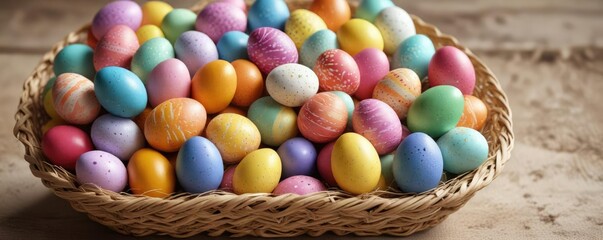 Obraz premium Colorful Easter eggs arranged in a woven basket , colorful easter eggs, egg decorations