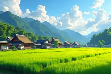 Fototapeta premium Picturesque Japanese Village with Rice Paddies and Mountains