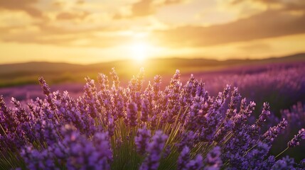 Obraz premium Lavender a serene landscape of lavender fields in full bloom under a golden sunset, with a gentle breeze creating ripples across the flowers