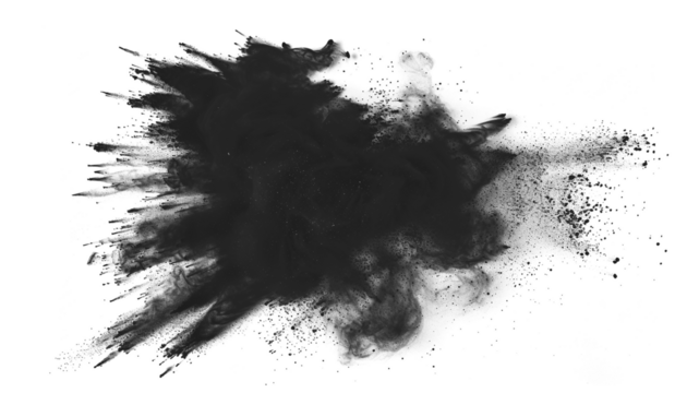 Dark gray black dust powder explosion transparent PNG, isolated background. Dynamic blast eruption, monochrome color effect