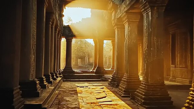 A sunlit corridor in an ancient temple, showcasing intricate stonework and warm light.