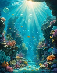 Obraz premium Sunlit coral reef ecosystem with thriving marine life and blue ocean