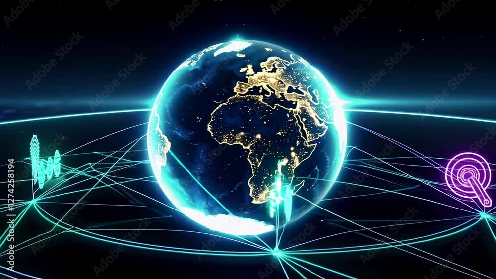 Poster Earth rotates slowly in space with futuristic network and data exchange, suitable for projects related to global communication, technology, and the future of information sharing