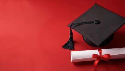 A graduation cap  and a rolled diploma tied with a red ribbon are placed on a red background. copy space