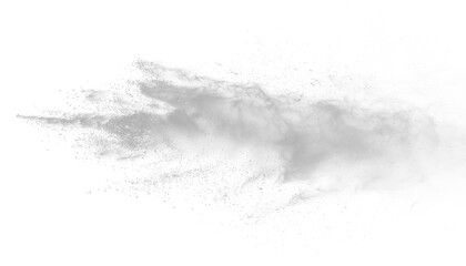 White gray dust powder explosion transparent PNG, isolated background. Dynamic blast eruption, monochrome color effect