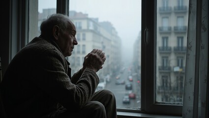 Lonely elderly man in coat sitting by foggy window deep in thought