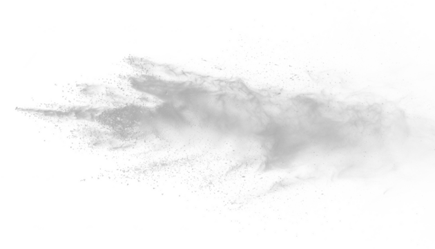 White gray dust powder explosion transparent PNG, isolated background. Dynamic blast eruption, monochrome color effect