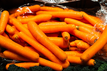 A close-up of fresh, orange carrots