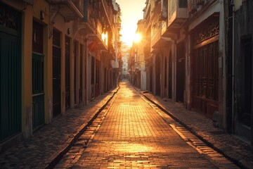 Obraz premium Sunlit Havana Street: Old architecture and charm in the heart of Cuba at golden hour.
