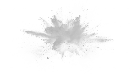 White gray dust powder explosion transparent PNG, isolated background. Dynamic blast eruption, monochrome color effect