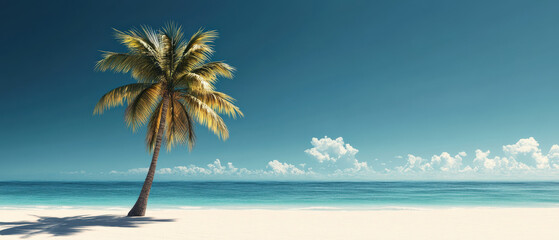 Obraz premium serene beach scene featuring single palm tree on light sand, with clear blue sky and gentle waves lapping at shore, evoking sense of tranquility and relaxation