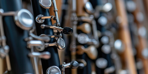 Fototapeta premium Close-up of Clarinet Keywork and Mechanisms with Blurred Background Instruments